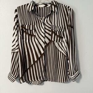 Chico's Brown White Striped Illusion Button Down Top Blouse Shirt Size 2 = XL